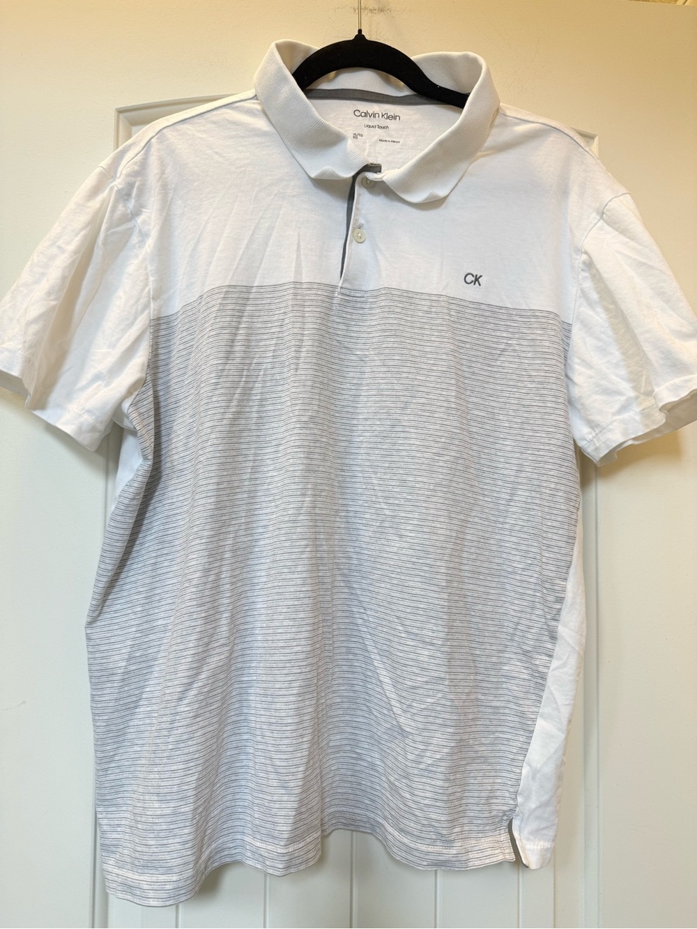 Calvin Klein Men’s White & Light Gray Striped Polo